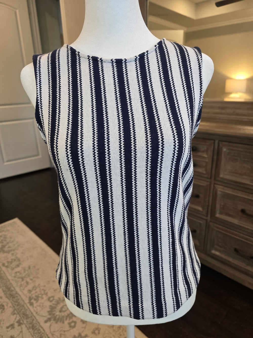 Theory Navy and White Vertical Stripe Sleeveless Tank